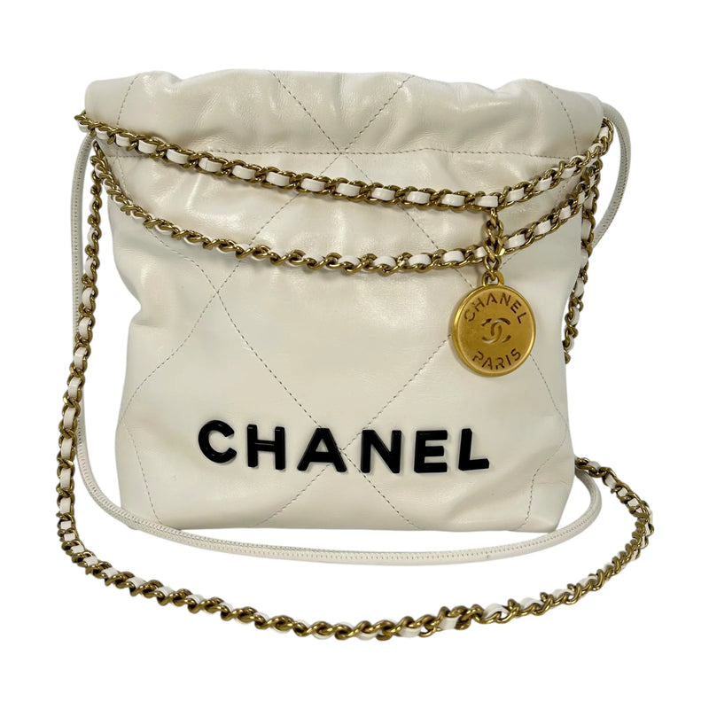 CHANEL Calfskin 22 Mini Handbag with Chain Shoulder Bag - White 