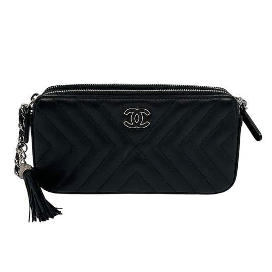 CHANEL Chevron Lambskin Chain Wallet - Black 