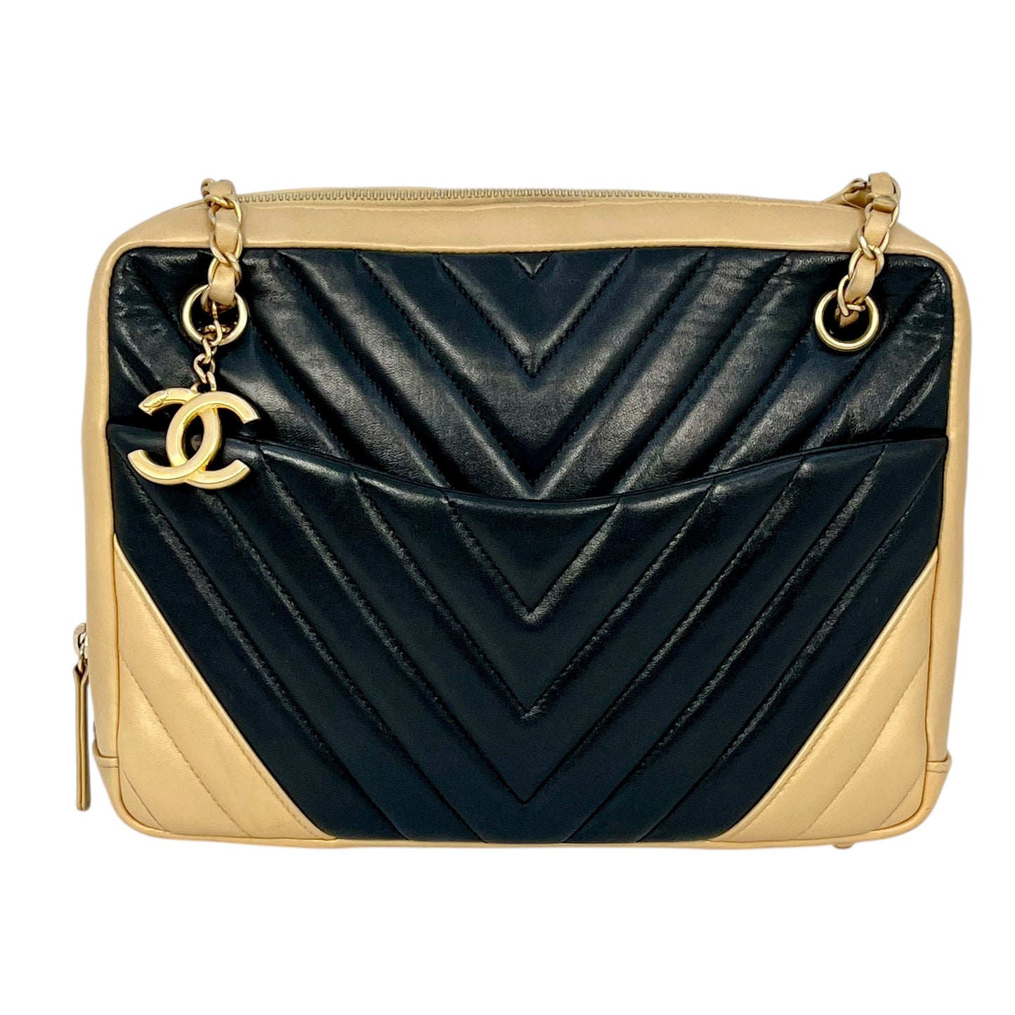 CHANEL シェブロン V-ステッチ CCマーク ハンドバッグ - ブラック × ゴールド