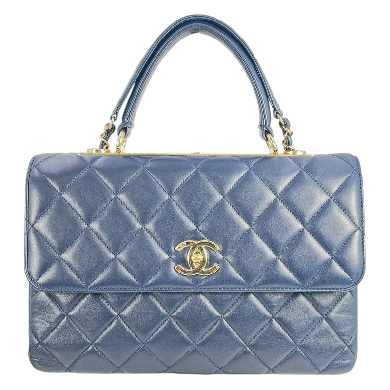 CHANEL Calfskin Matelassé Top Handle Trendy CC Handbag with Chain Shoulder Bag - Navy 