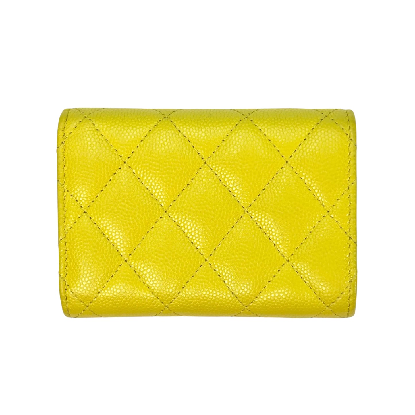 CHANEL Caviar Leather Matelasse Tri-Fold Compact Wallet - Yellow 