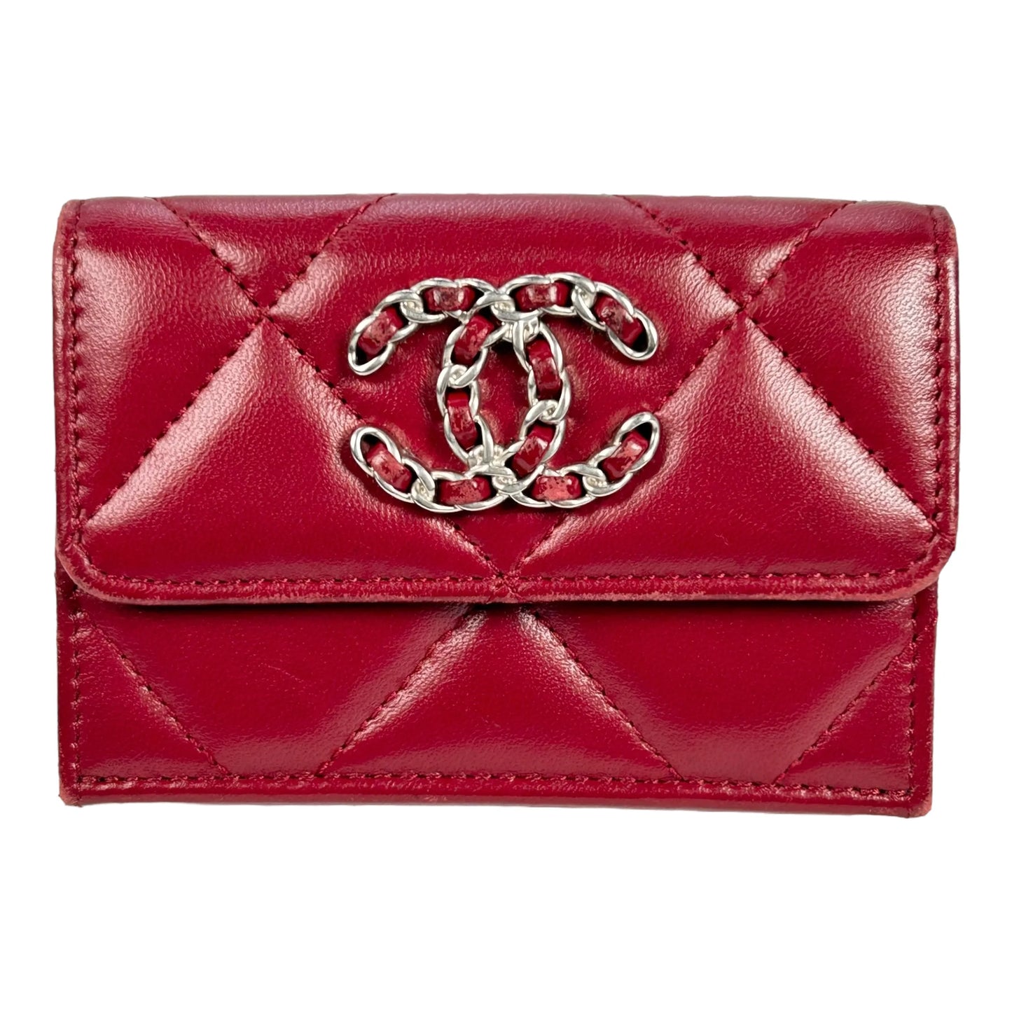 CHANEL マトラッセ シャネル 19 三つ折り財布 コンパクトウォレット - レッド