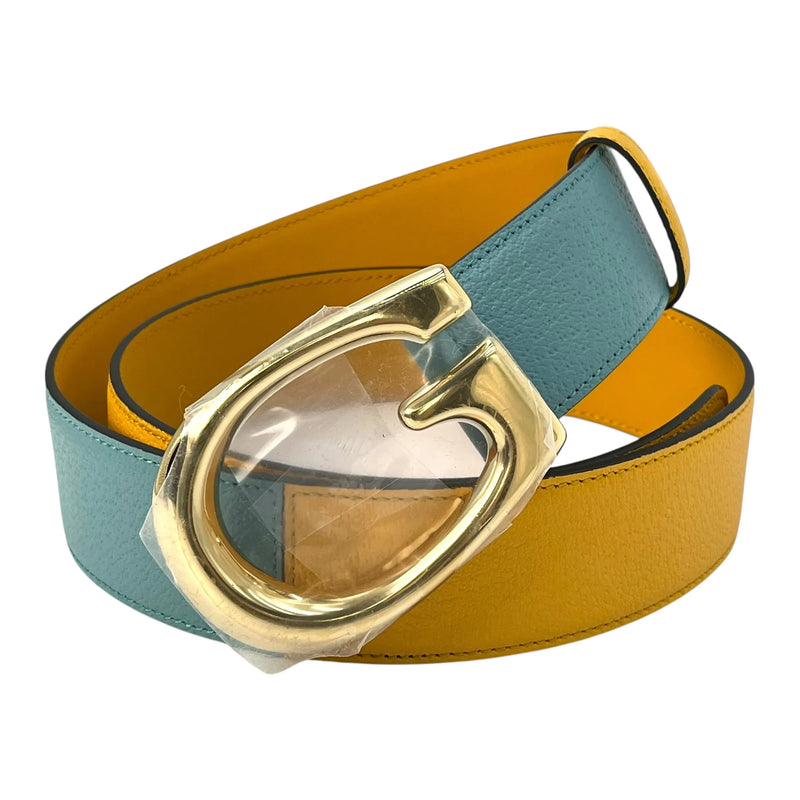GUCCI Reversible Leather Belt with Memorable Buckle - Orange and Blue 
