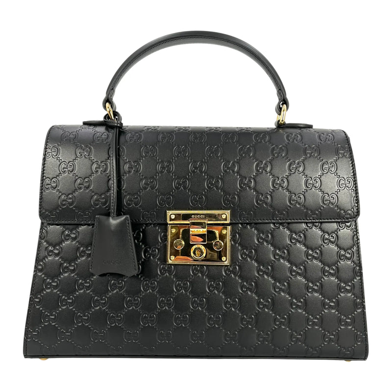 GUCCI Guccissima Padlock Top Handle Leather Hand Bag - Black 