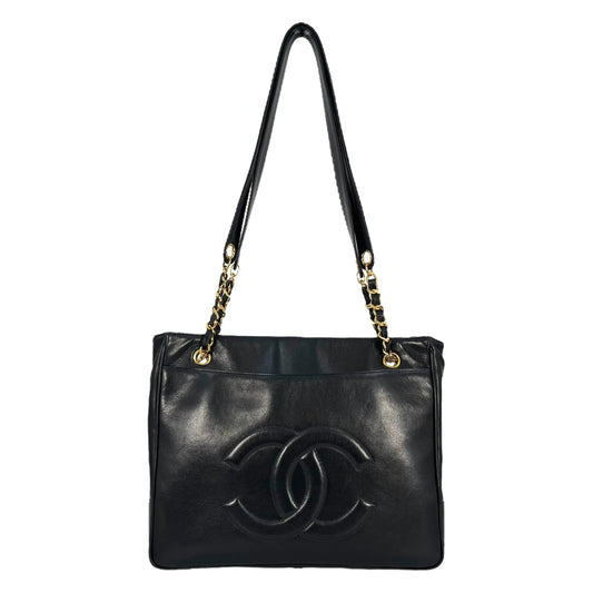 CHANEL CC Logo Lambskin Chain Shoulder Bag - Black 