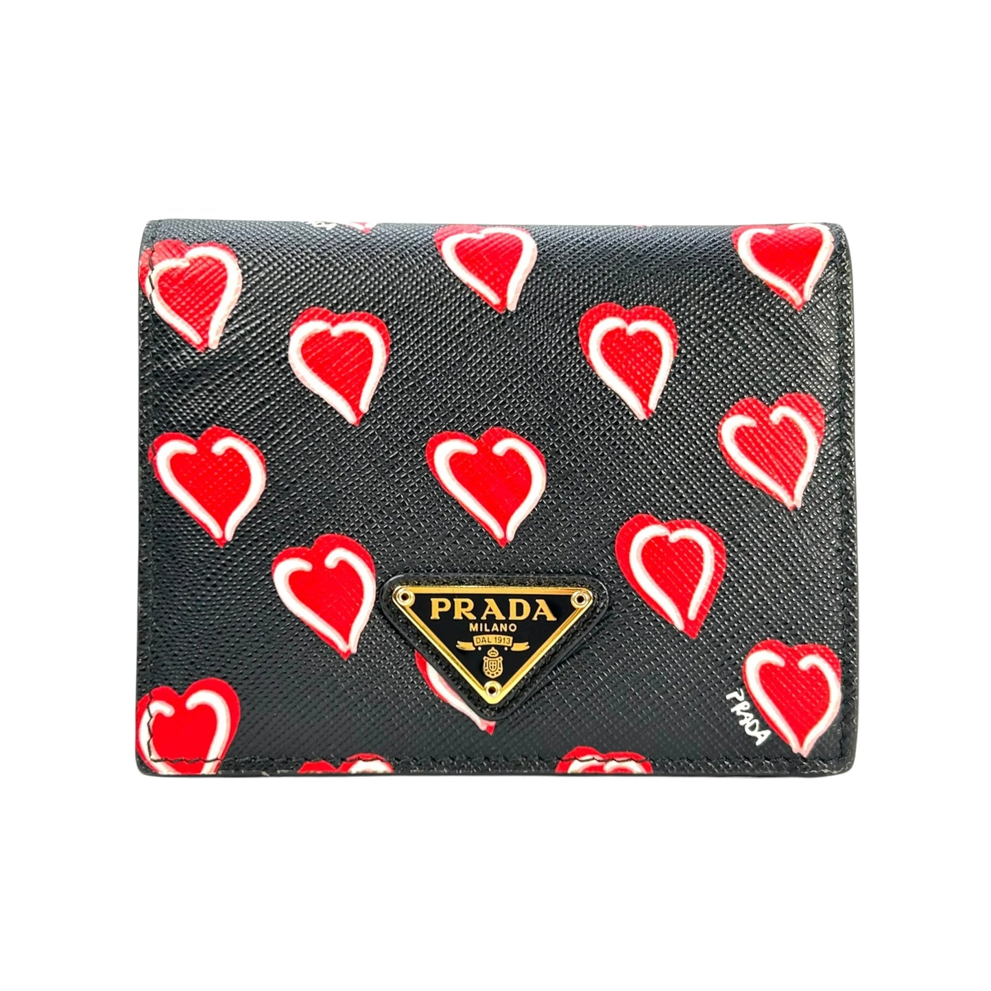 PRADA Heart Print Compact Wallet - Black 