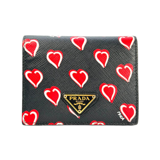 PRADA ハートプリント 二つ折り財布 コンパクトウォレット - ブラック