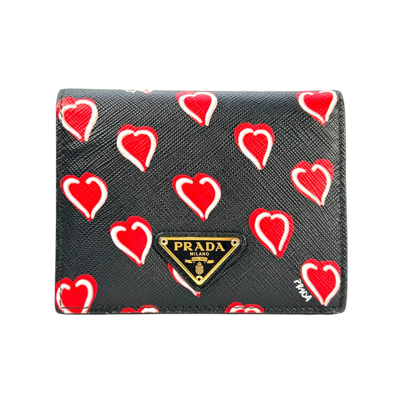 PRADA Heart Print Compact Wallet - Black 