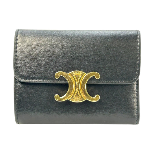 CELINE Vise Coin Triomphe Compact Wallet in Shiny Calfskin - Black 