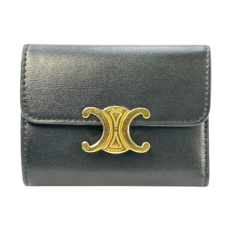 CELINE Vise Coin Triomphe Compact Wallet in Shiny Calfskin - Black 