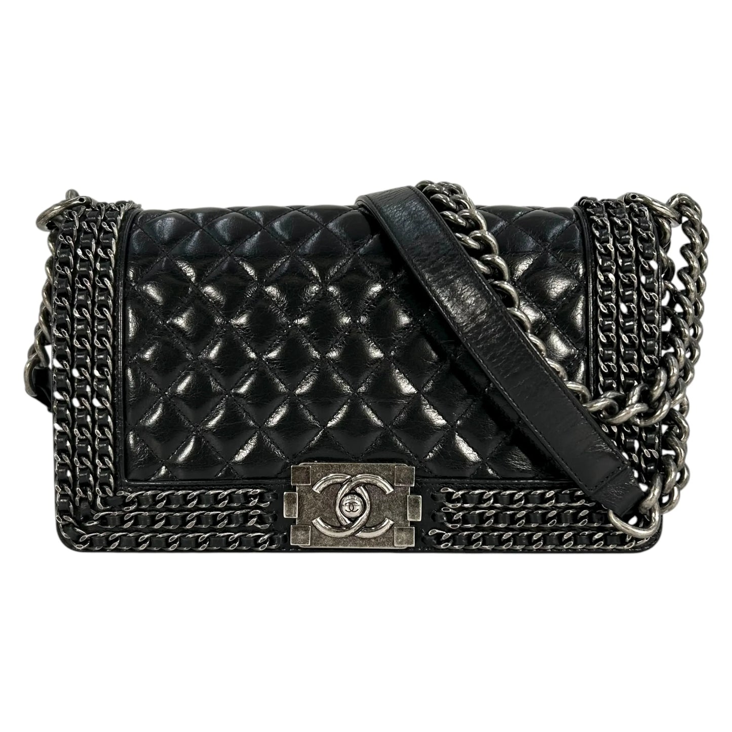 CHANEL Boy Chanel Leather Chain Shoulder Bag - Black 