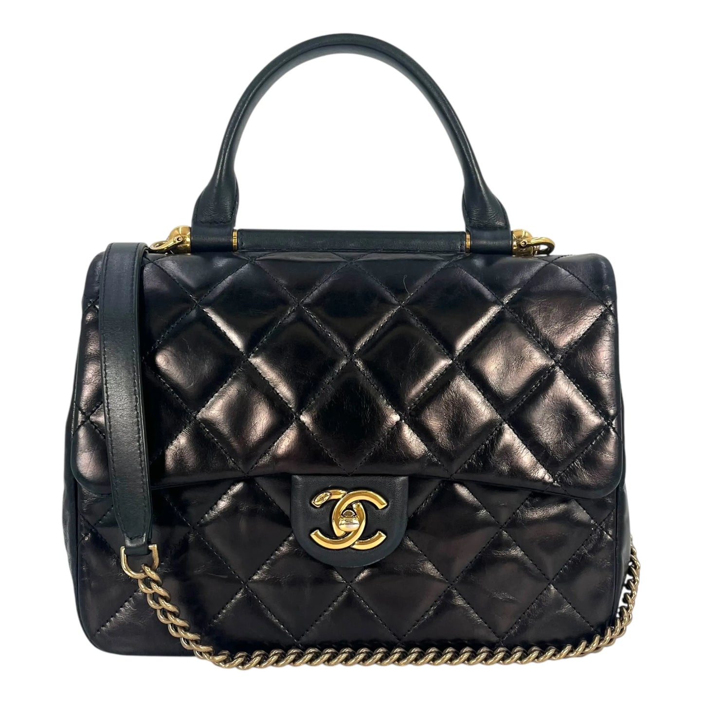 CHANEL Matelasse Top Handle Handbag with Chain Shoulder Bag - Black 