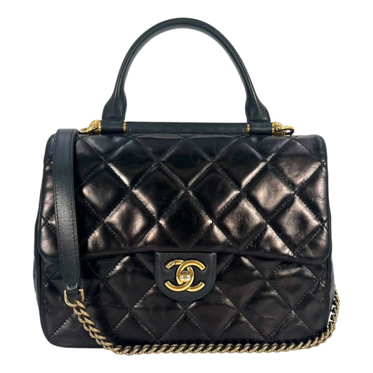 CHANEL Matelasse Top Handle Handbag with Chain Shoulder Bag - Black 