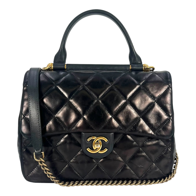 CHANEL Matelasse Top Handle Handbag with Chain Shoulder Bag - Black 