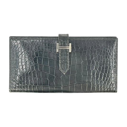 HERMES Bearn Soufflet Alligator Long Wallet - Black with J Stamp (2006) 