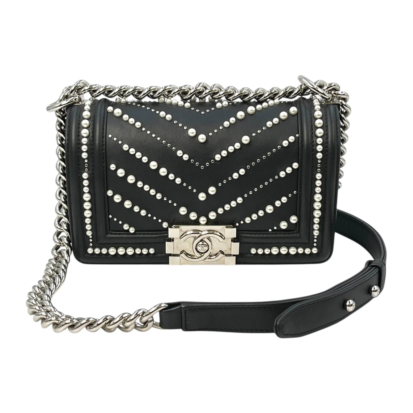 CHANEL Boy Chanel Pearl and Calfskin Chain Shoulder Bag - Black 