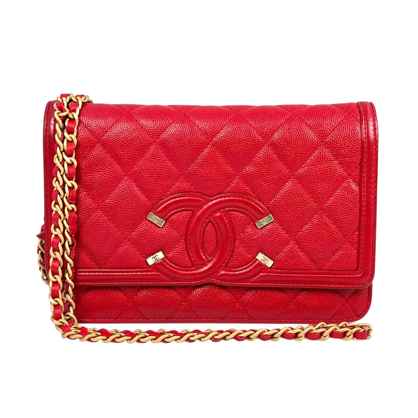 CHANEL CC Filigree Caviar Leather Chain Wallet - Red 