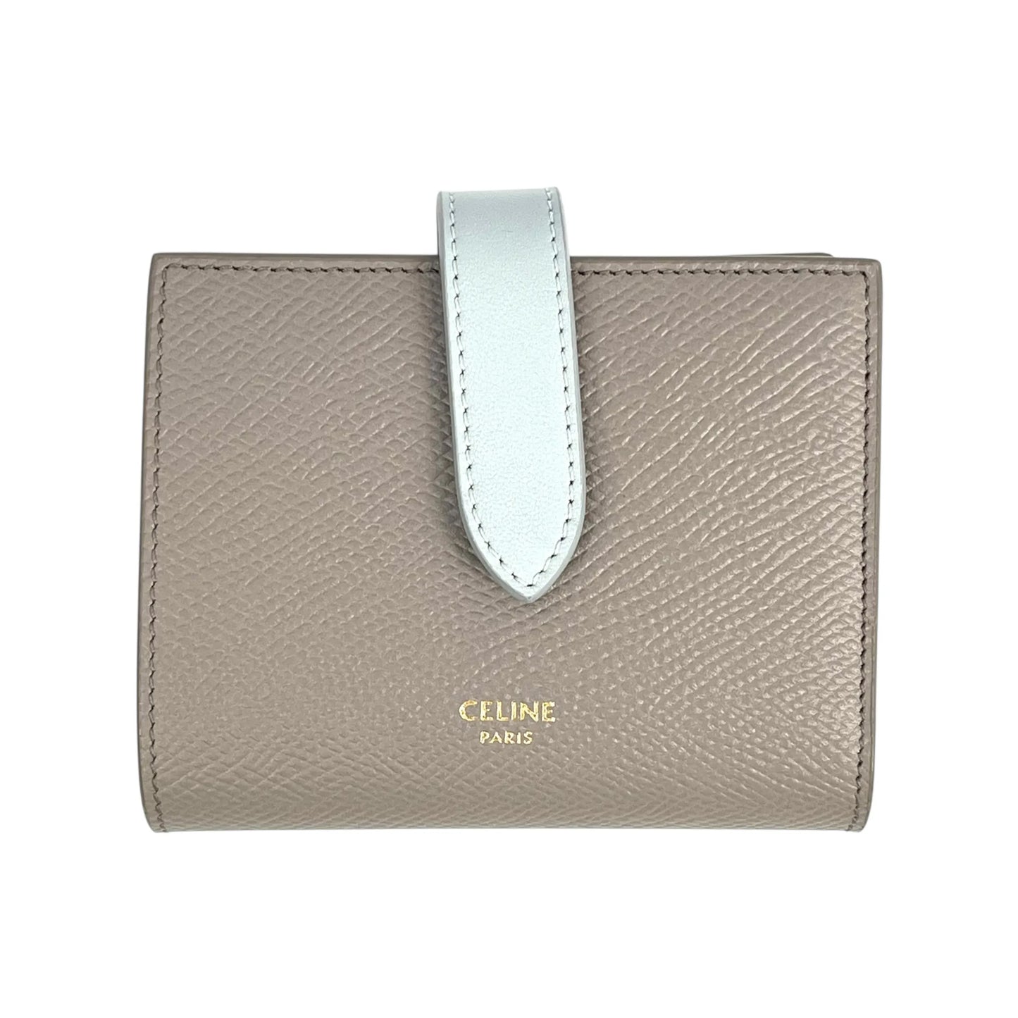 CELINE Small Strap Wallet in Calfskin, Bifold Compact Wallet - Gray 
