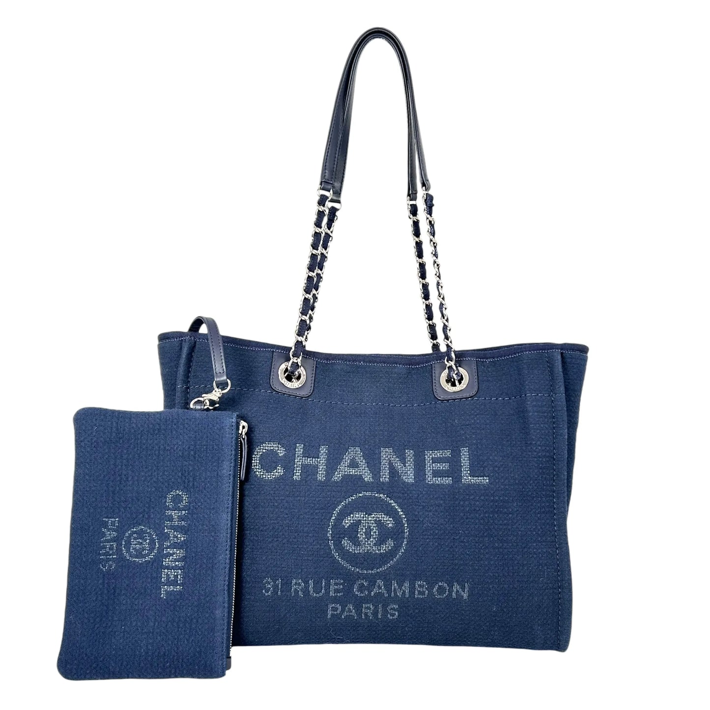 CHANEL Deauville MM Canvas Tote Bag - Navy 