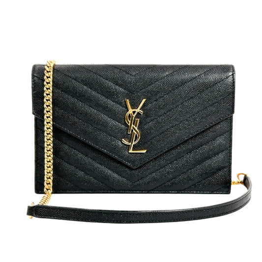 Saint Laurent Cassandra Envelope Calf Leather Chain Wallet - Black 