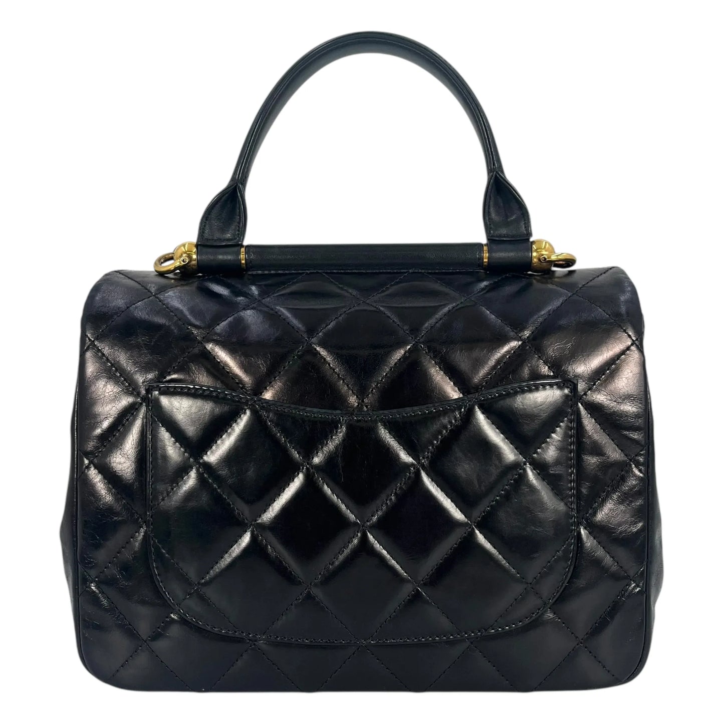 CHANEL Matelasse Top Handle Handbag with Chain Shoulder Bag - Black 