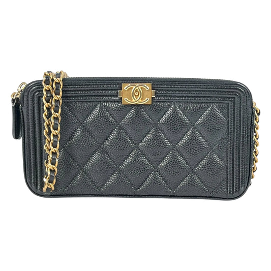 CHANEL Caviarskin Boy Double Zip Around Chain Wallet - Black 