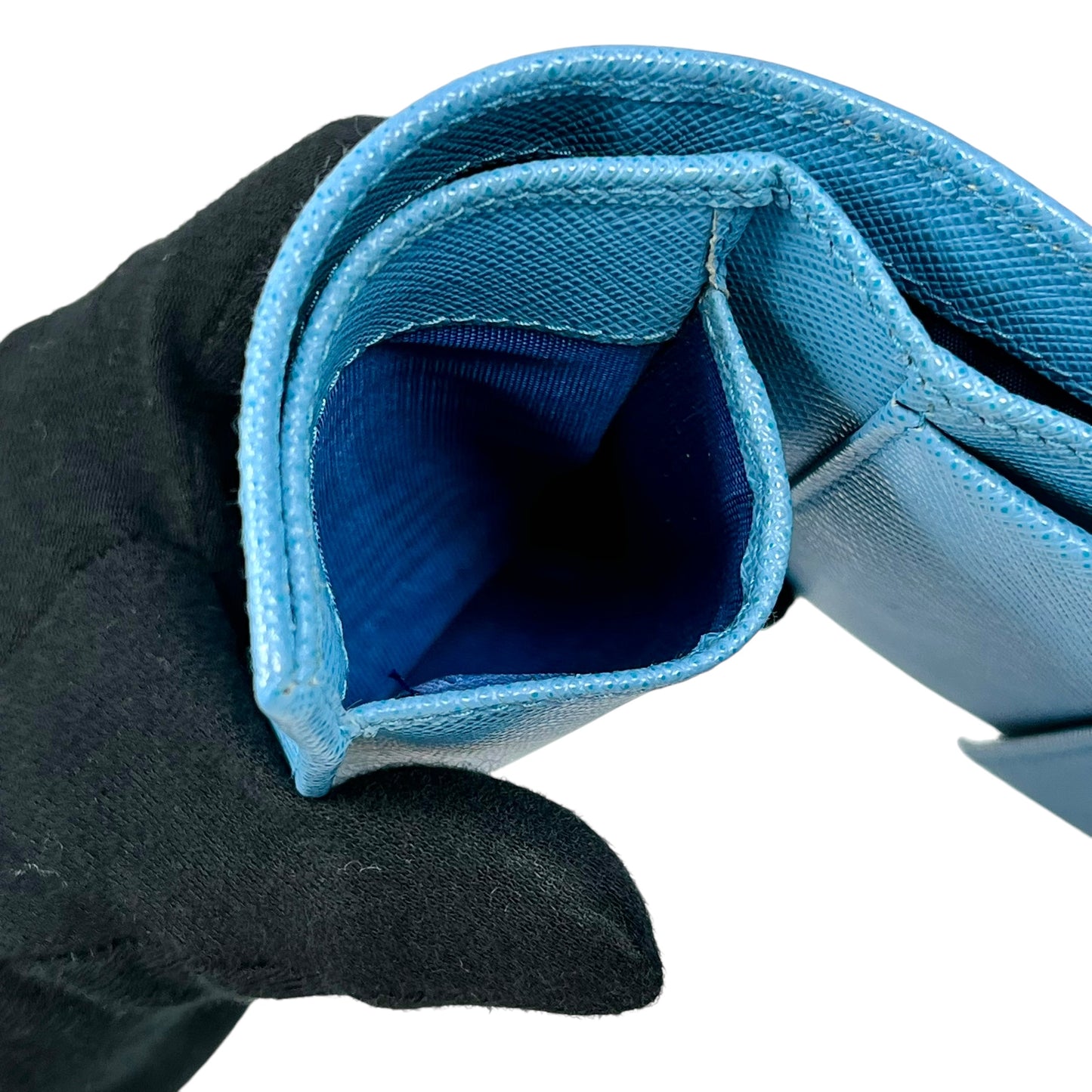 PRADA Saffiano Ribbon Tri-fold Compact Wallet - Blue 