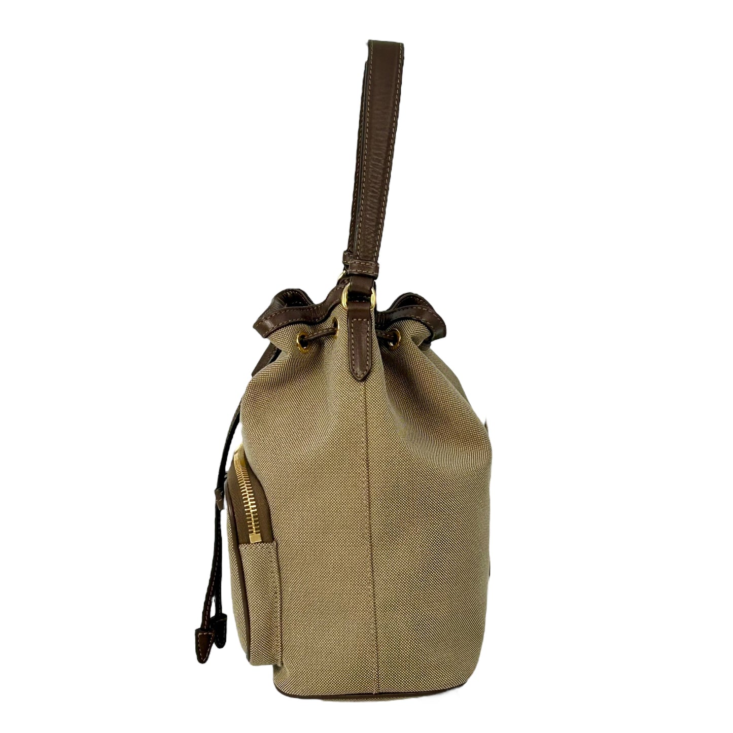 PRADA ロゴ ジャカード キャンバス ドローストリング ハンドバッグ バケットバッグ - ブラウン