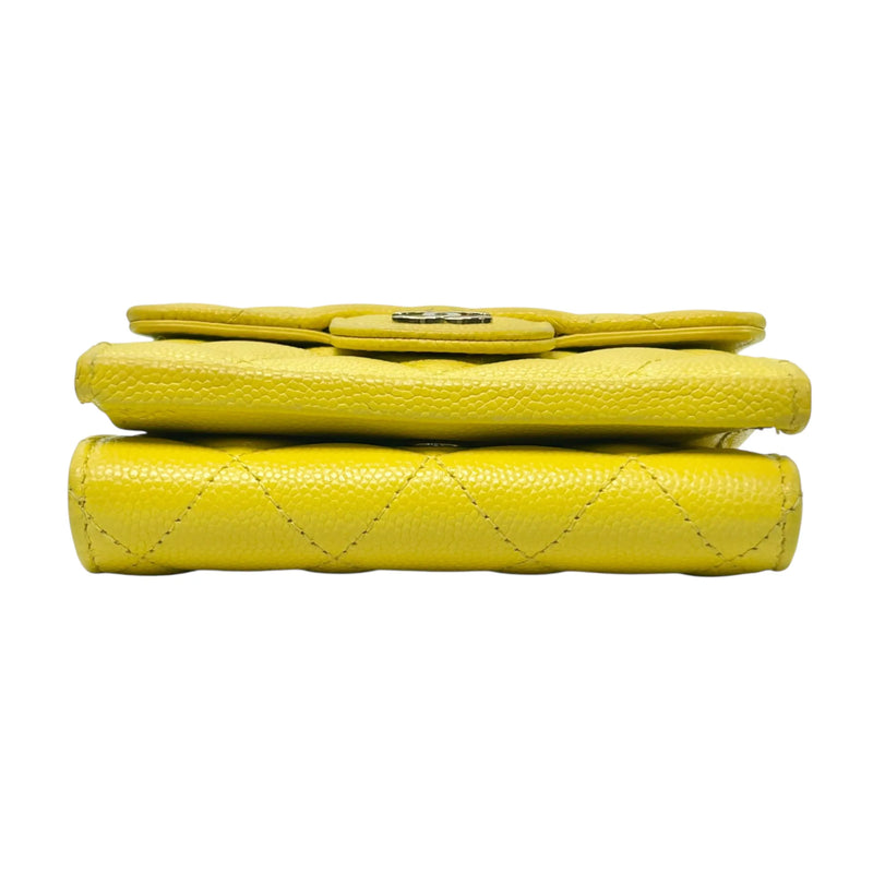 CHANEL Caviar Leather Matelasse Tri-Fold Compact Wallet - Yellow 