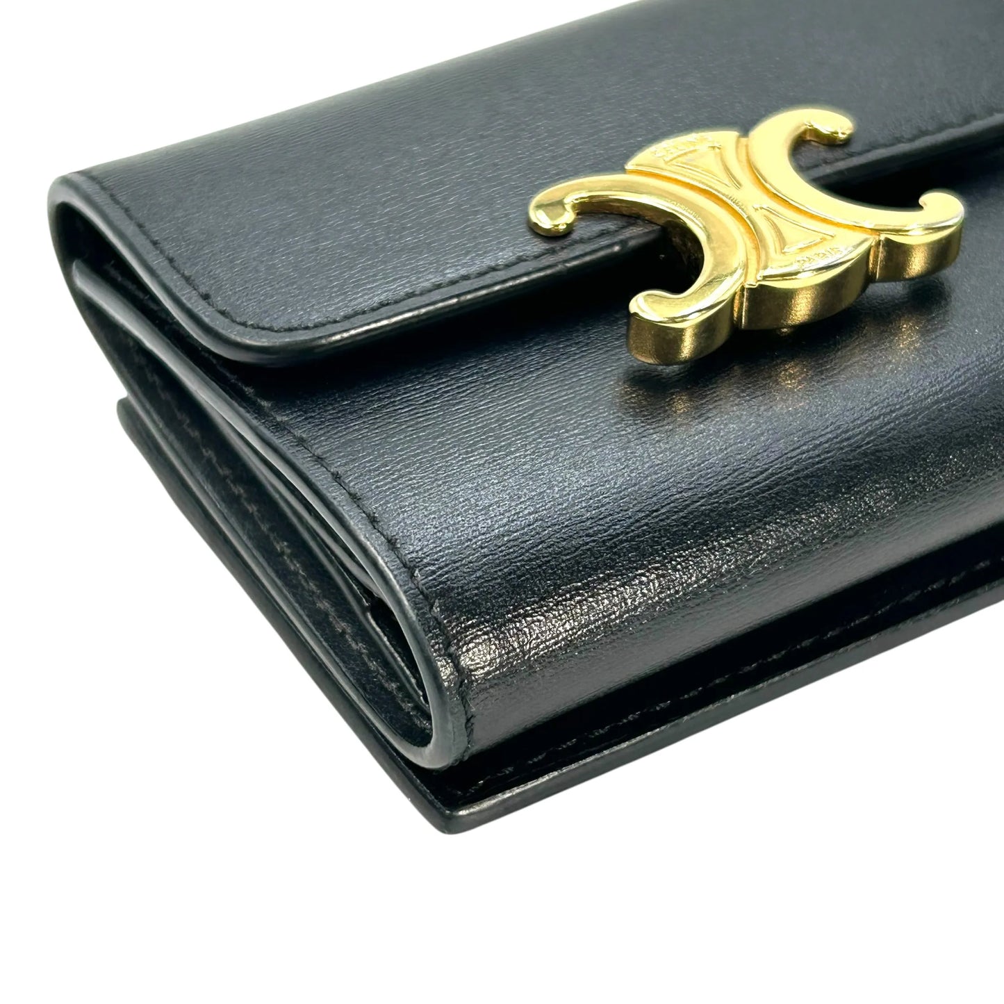 CELINE Vise Coin Triomphe Compact Wallet in Shiny Calfskin - Black 