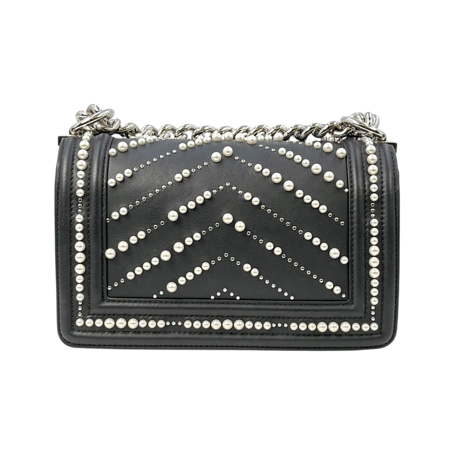 CHANEL Boy Chanel Pearl and Calfskin Chain Shoulder Bag - Black 