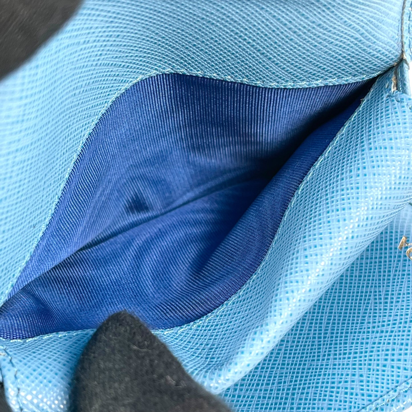 PRADA Saffiano Ribbon Tri-fold Compact Wallet - Blue 