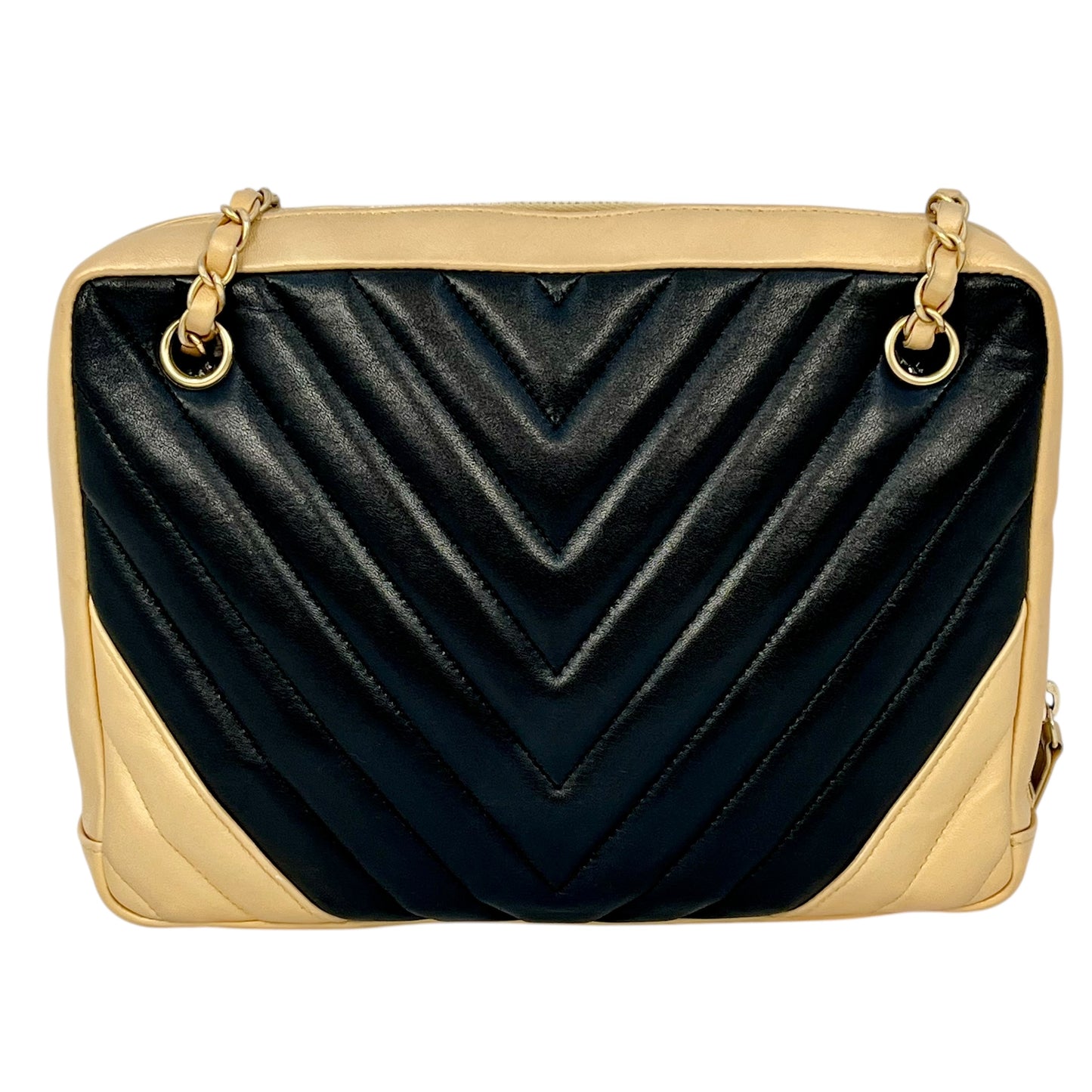 CHANEL シェブロン V-ステッチ CCマーク ハンドバッグ - ブラック × ゴールド