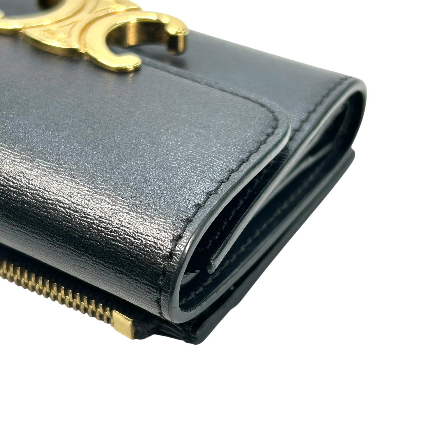 CELINE Vise Coin Triomphe Compact Wallet in Shiny Calfskin - Black 