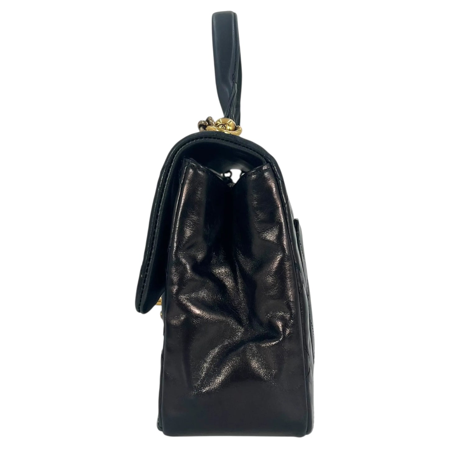 CHANEL Matelasse Top Handle Handbag with Chain Shoulder Bag - Black 