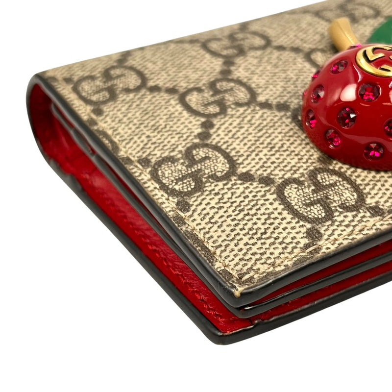 GUCCI GG Supreme Canvas Cherry Bifold Compact Wallet - Beige 