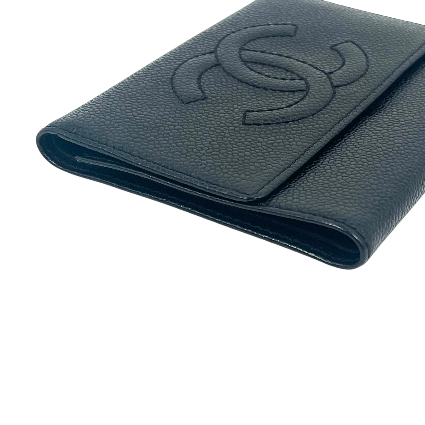 CHANEL Caviar Skin Coco Mark Tri-fold Compact Wallet - Black 