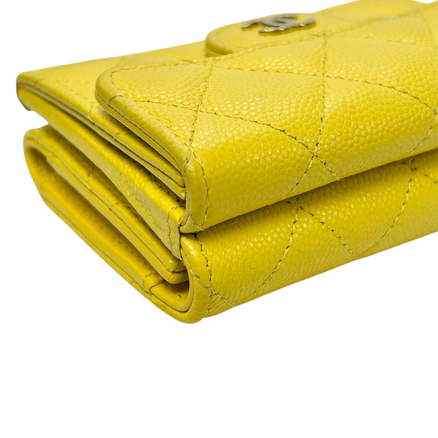 CHANEL Caviar Leather Matelasse Tri-Fold Compact Wallet - Yellow 