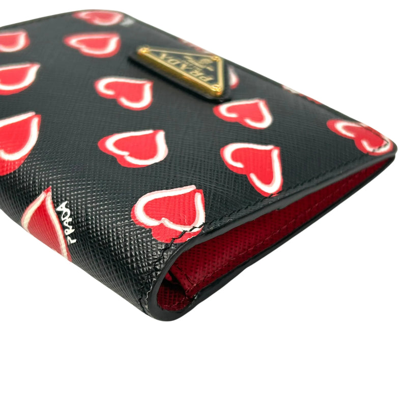 PRADA Heart Print Compact Wallet - Black 