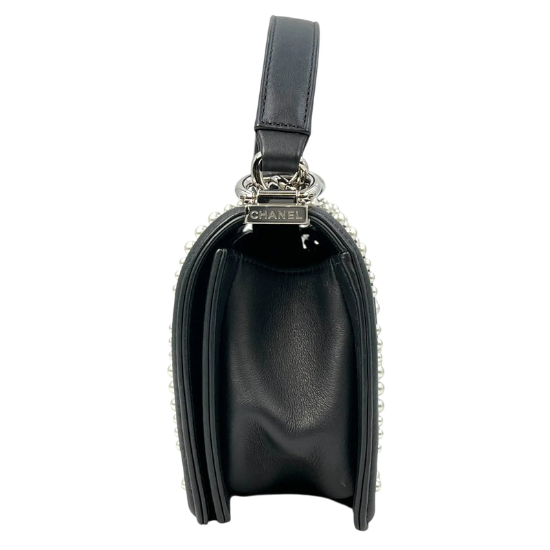 CHANEL Boy Chanel Pearl and Calfskin Chain Shoulder Bag - Black 