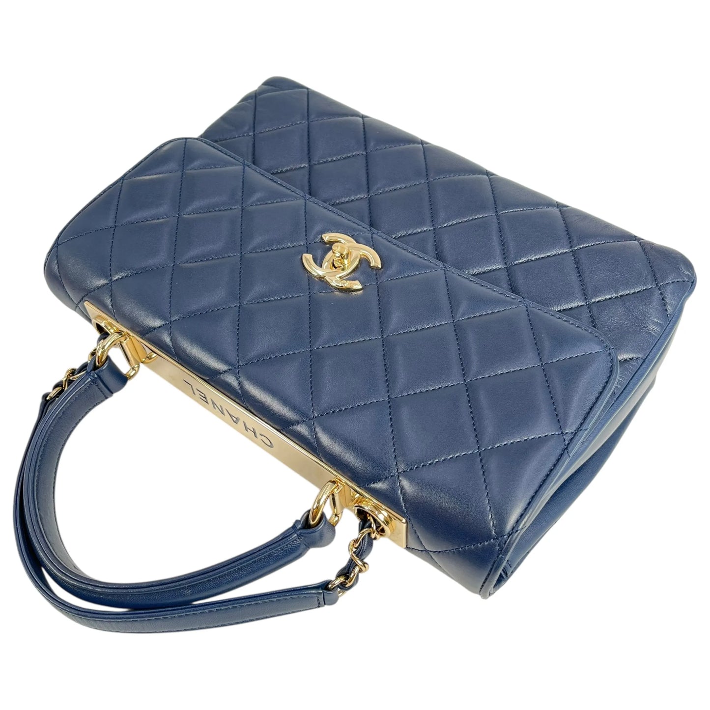 CHANEL Calfskin Matelassé Top Handle Trendy CC Handbag with Chain Shoulder Bag - Navy 