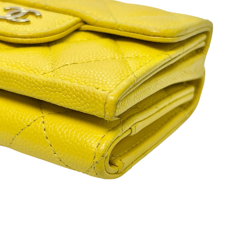 CHANEL Caviar Leather Matelasse Tri-Fold Compact Wallet - Yellow 