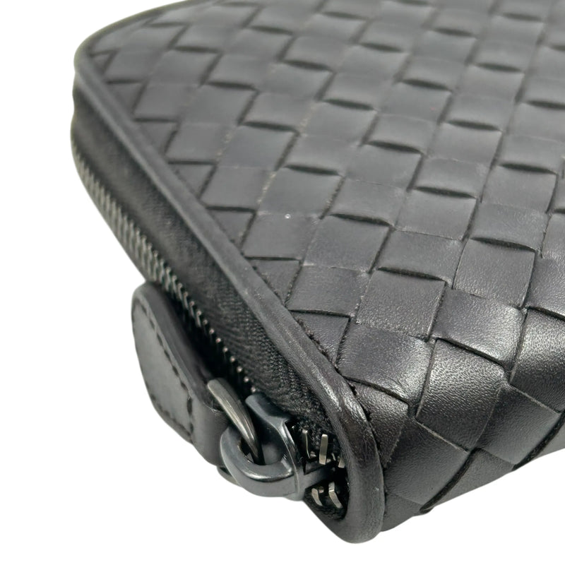BOTTEGA VENETA Intrecciato Zip-Around Lambskin Long Wallet - Dark Brown 