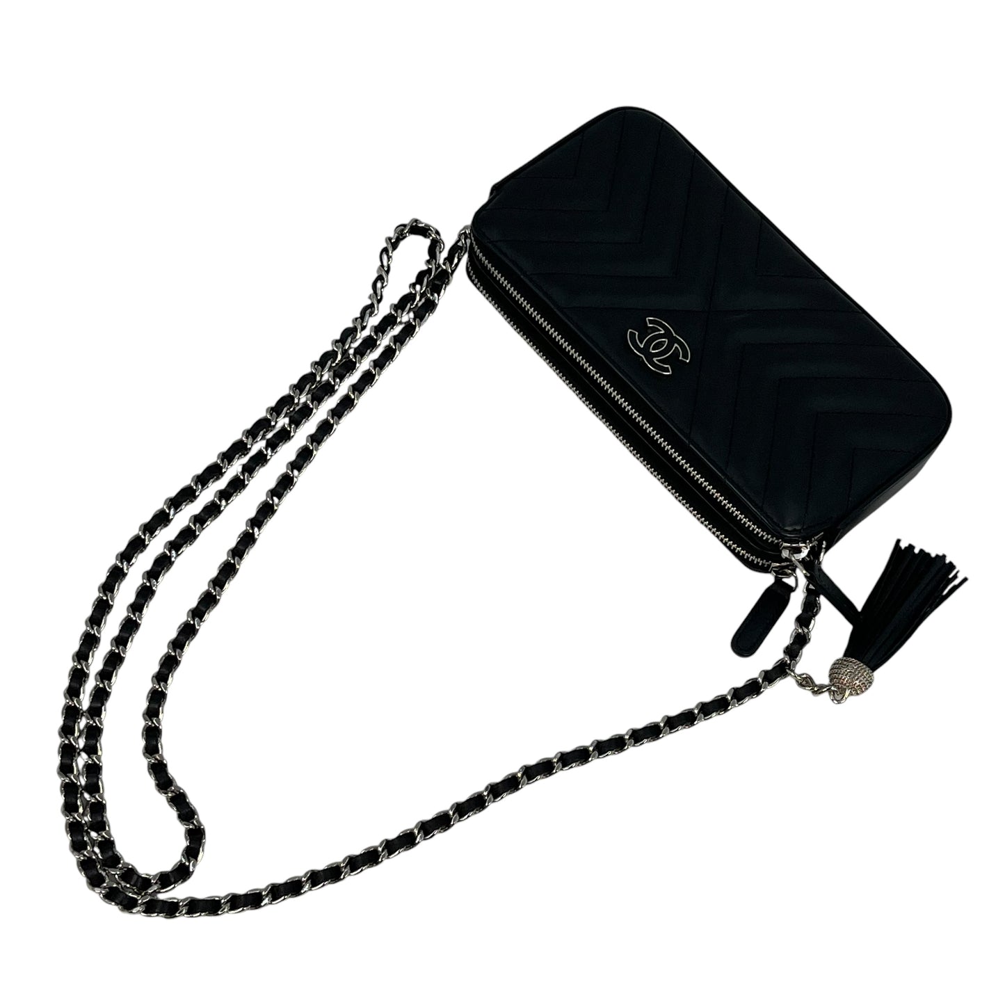 CHANEL Chevron Lambskin Chain Wallet - Black 