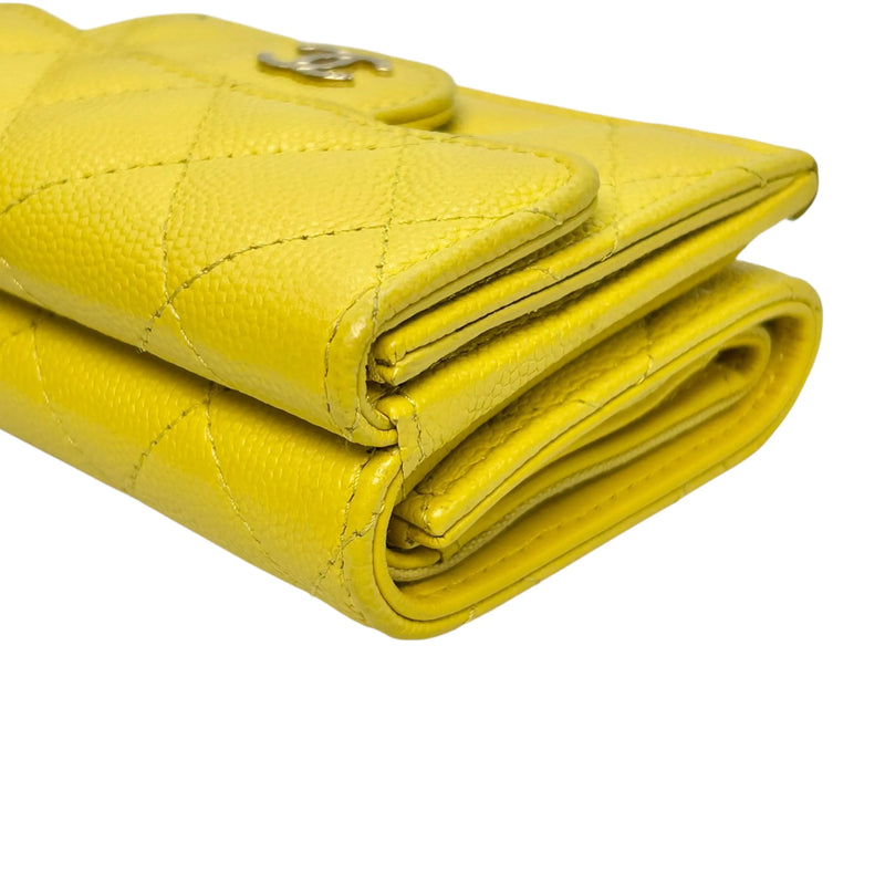 CHANEL Caviar Leather Matelasse Tri-Fold Compact Wallet - Yellow 