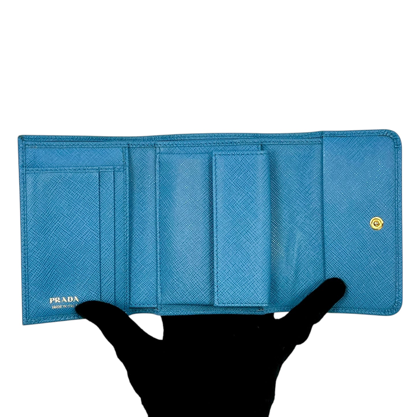 PRADA Saffiano Ribbon Tri-fold Compact Wallet - Blue 