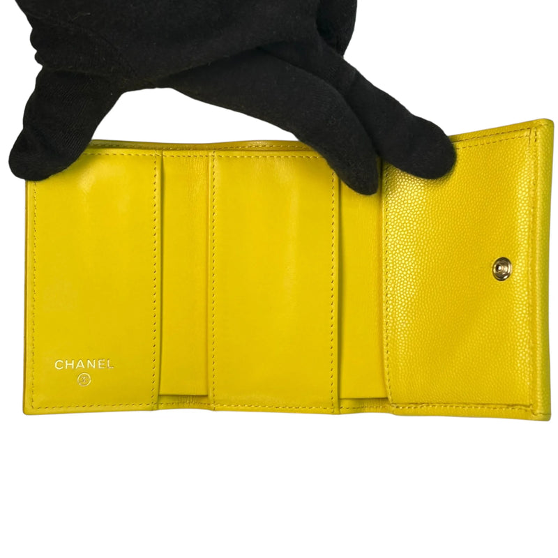 CHANEL Caviar Leather Matelasse Tri-Fold Compact Wallet - Yellow 