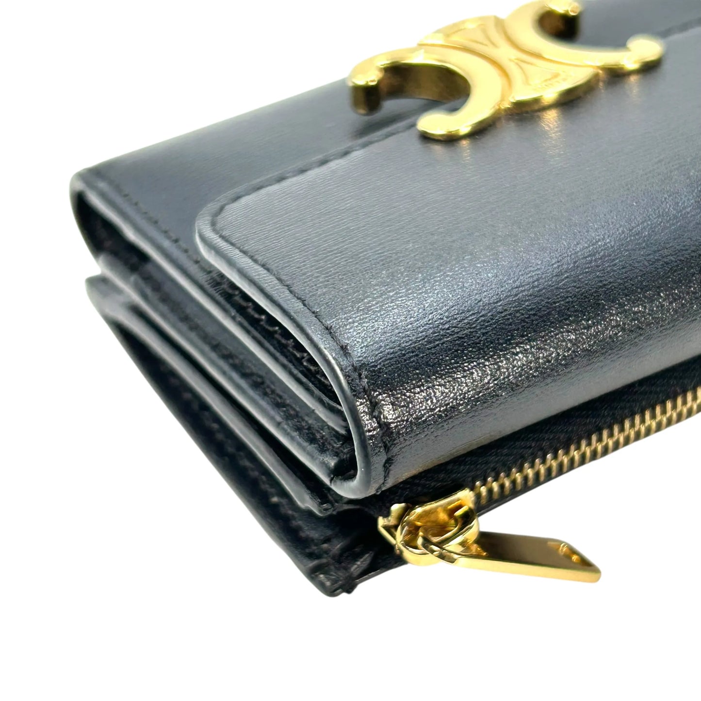 CELINE Vise Coin Triomphe Compact Wallet in Shiny Calfskin - Black 