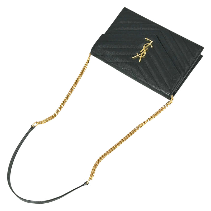 Saint Laurent Cassandra Envelope Calf Leather Chain Wallet - Black 
