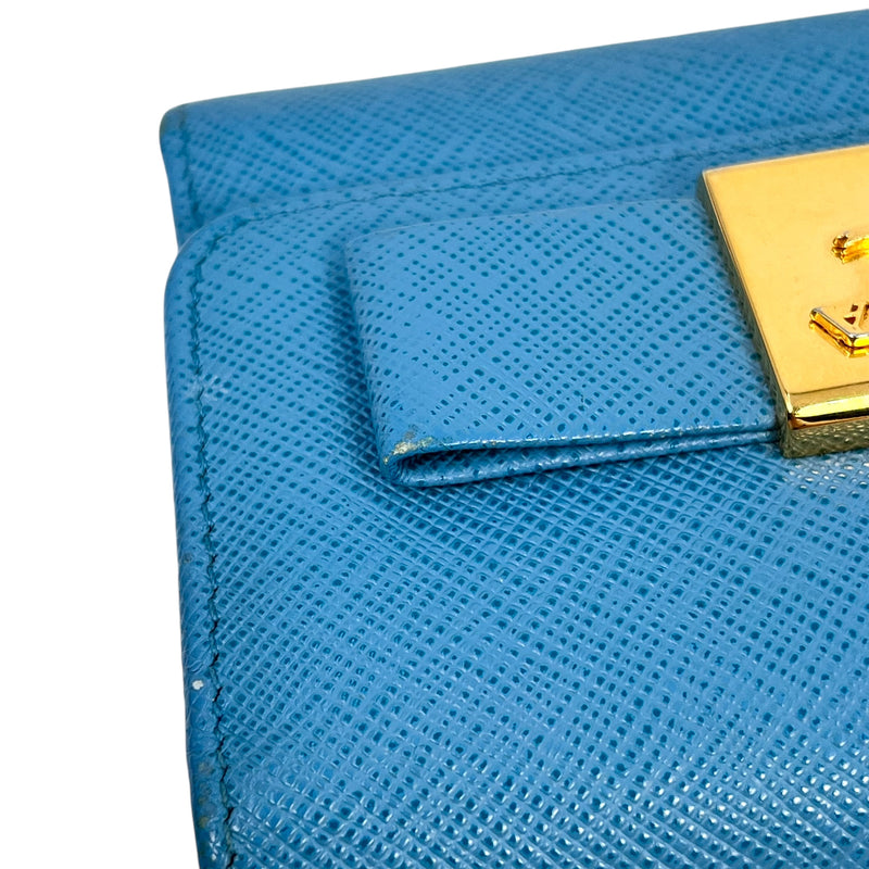 PRADA Saffiano Ribbon Tri-fold Compact Wallet - Blue 